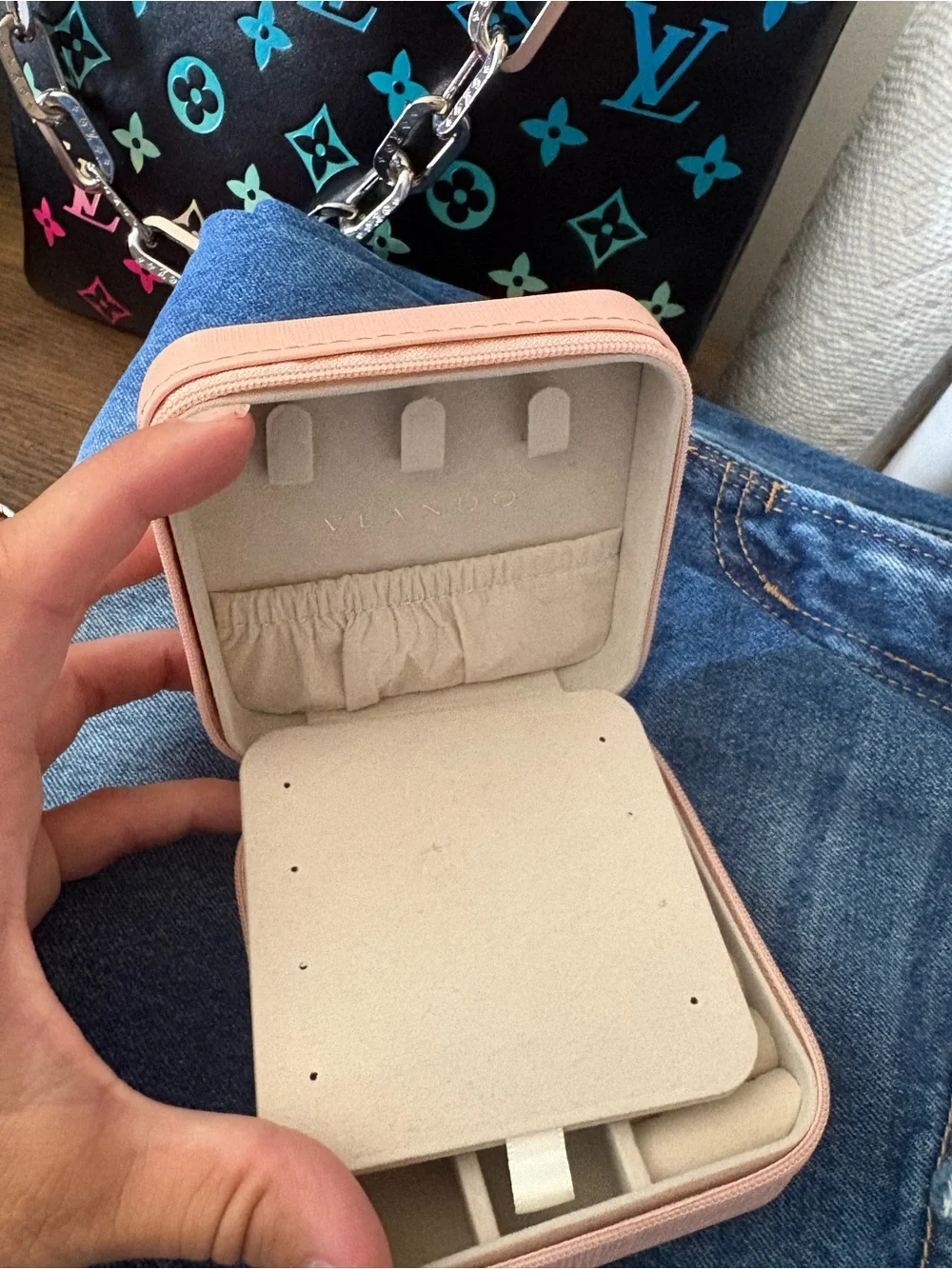 Compact Pink Jewelry Travel Case with Mirror